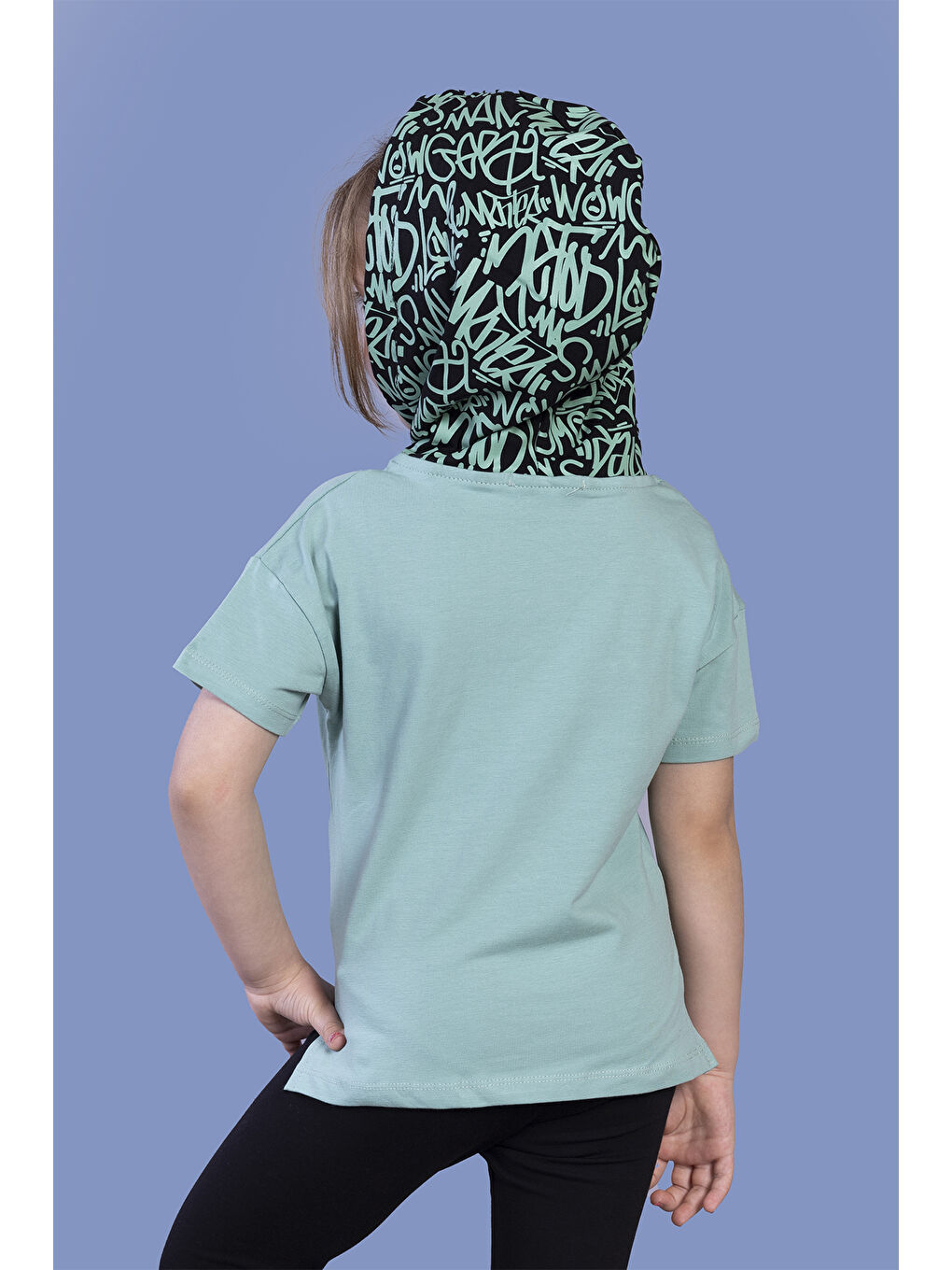 Yeşil Kız Çocuk Cep Detaylı Kapüşonlu Baskılı Tişört-4