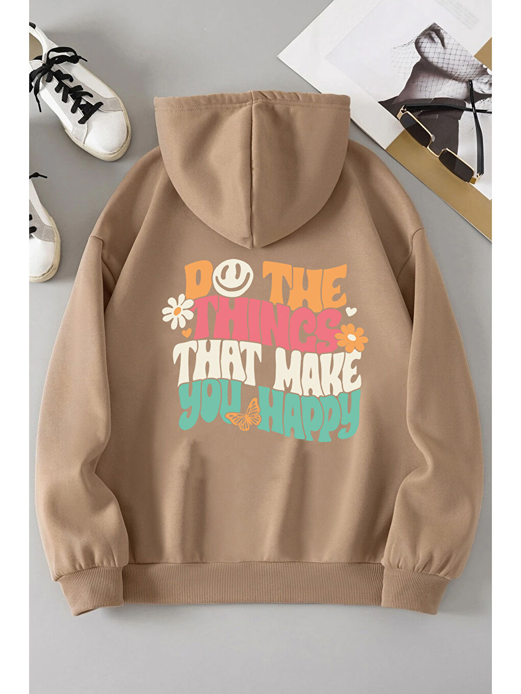 uyguntarz Bej Unisex Oversize Do the things that make you Baskılı Sweatshirt