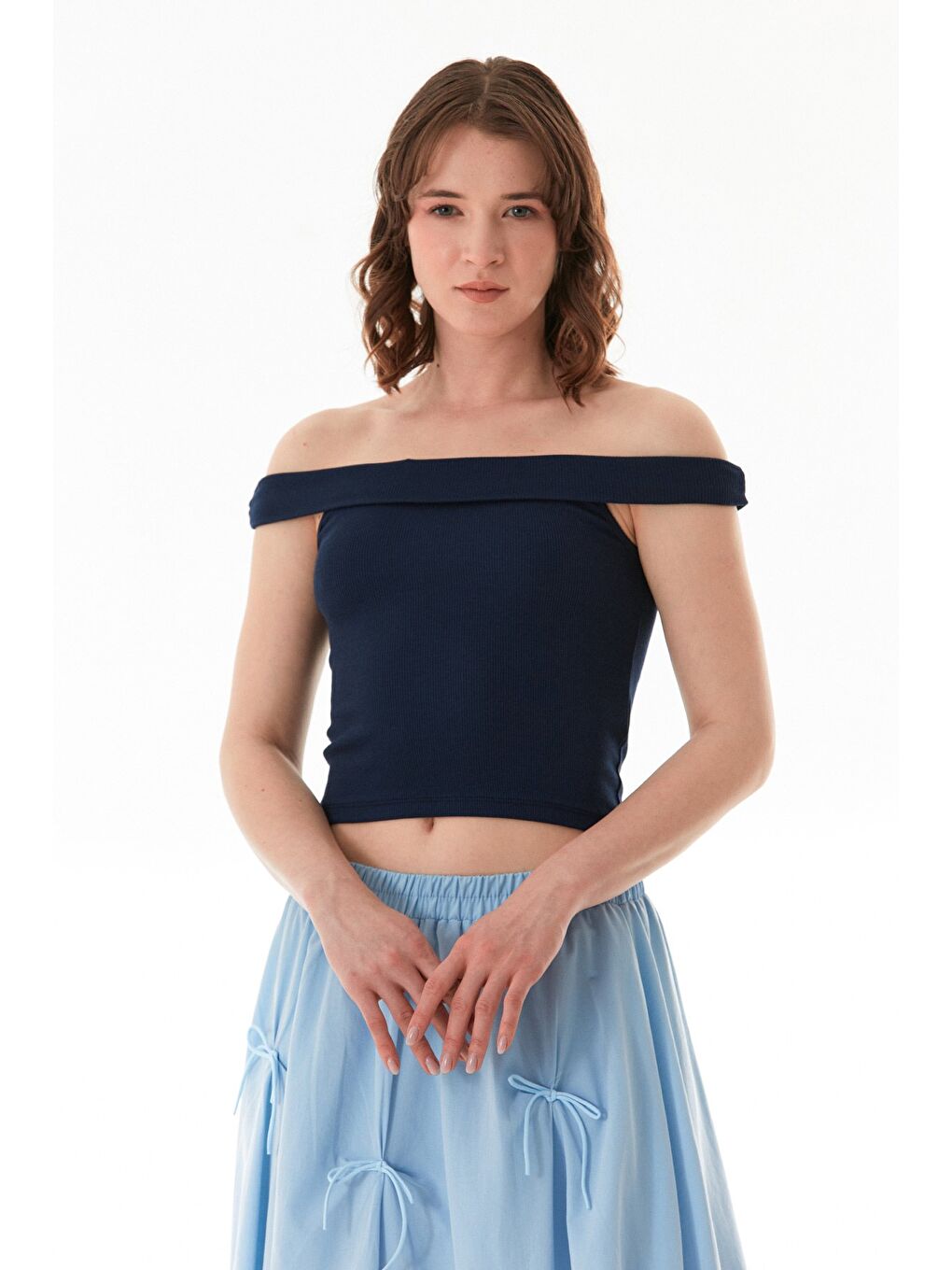 Lacivert Basic Madonna Yaka Modal Bluz-1