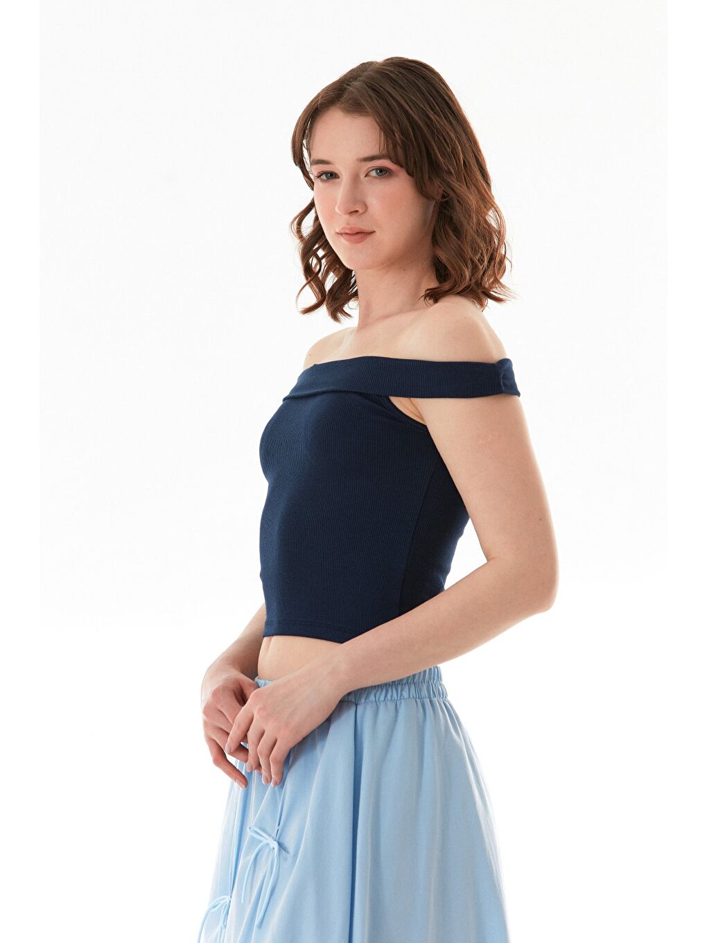 Lacivert Basic Madonna Yaka Modal Bluz-3