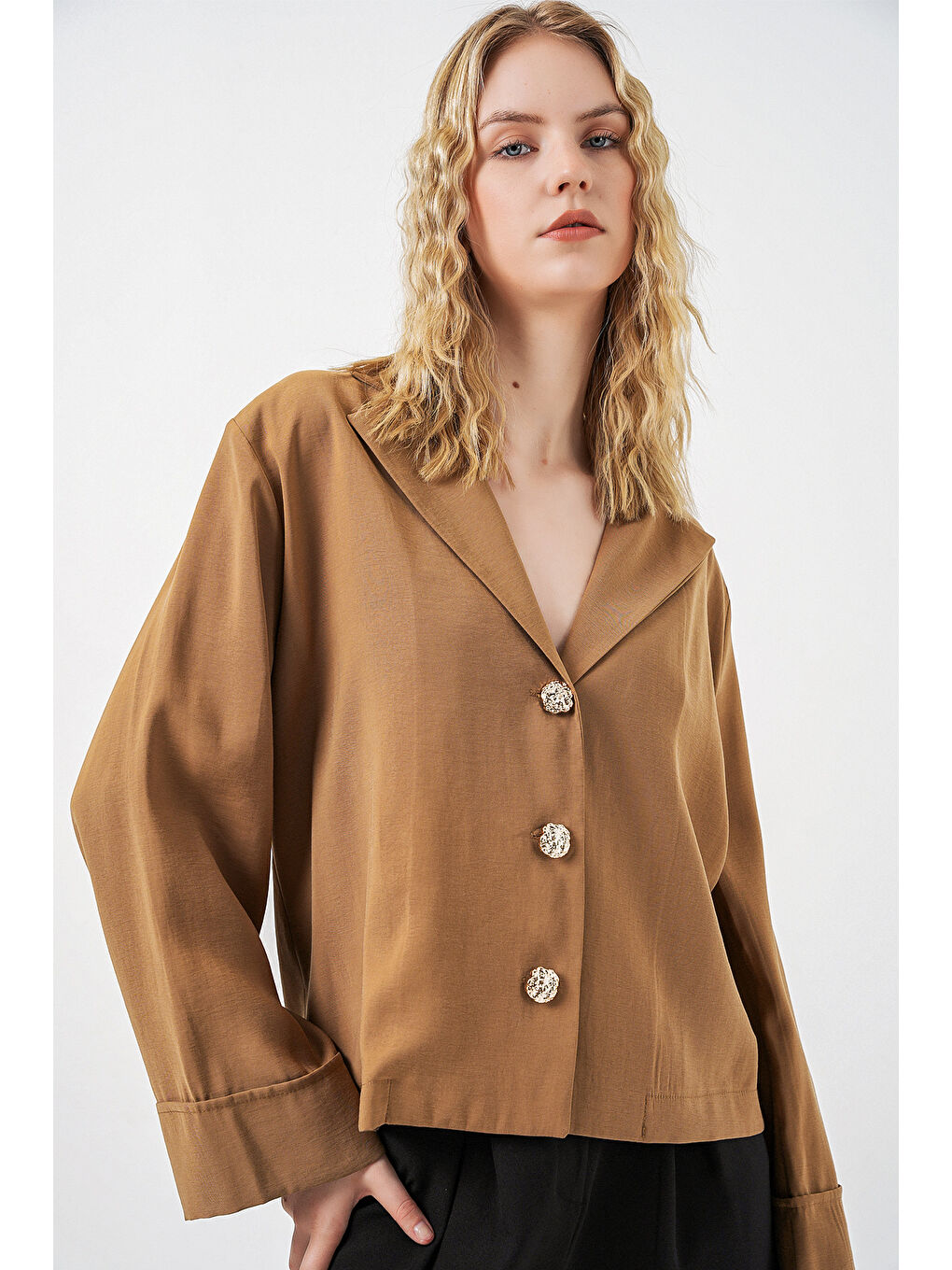 Sarı Kadın Kruvaze Yaka Oversize Ceket 0747 - Camel