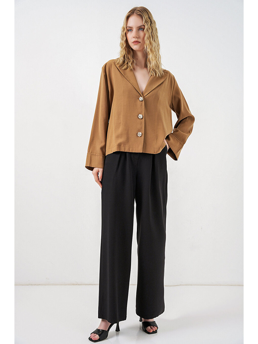 Sarı Kadın Kruvaze Yaka Oversize Ceket 0747 - Camel-1