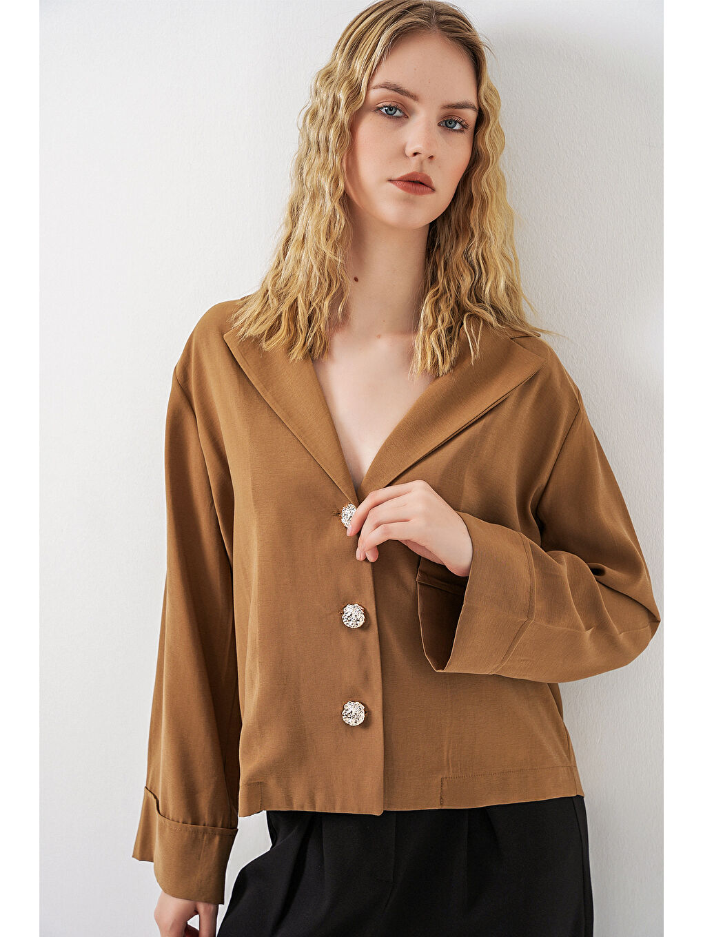 Sarı Kadın Kruvaze Yaka Oversize Ceket 0747 - Camel-2