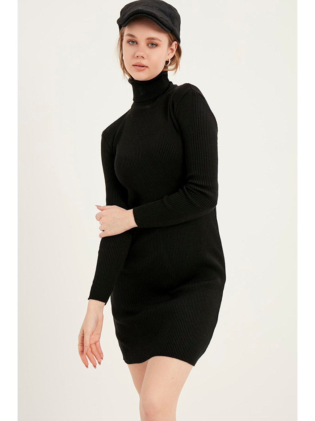 Kadın Siyah Balıkçı Yaka Triko Elbise