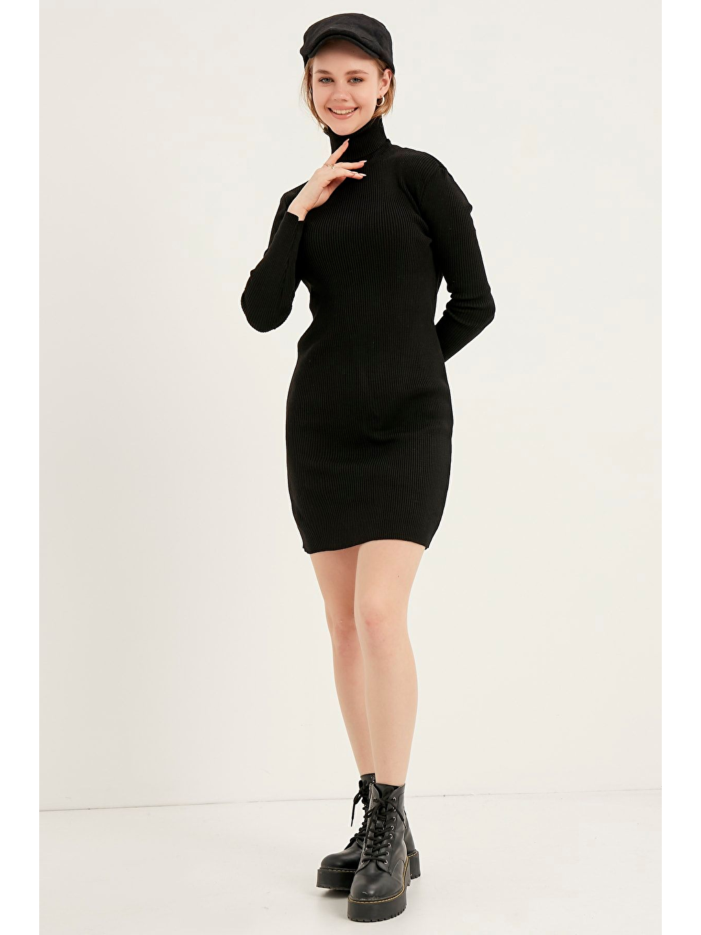 Kadın Siyah Balıkçı Yaka Triko Elbise-1