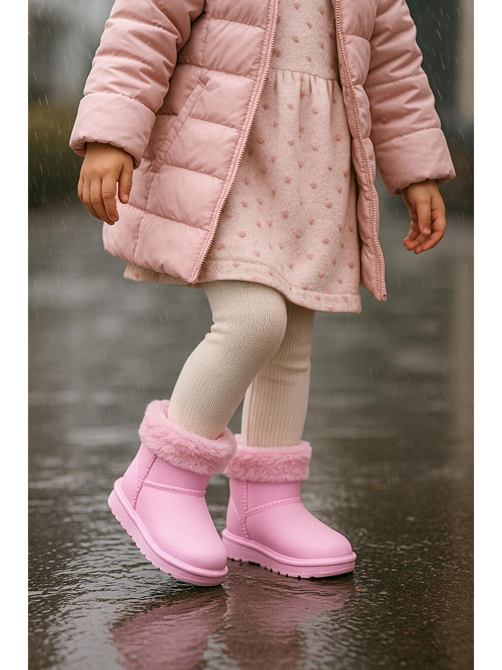 Kız Çocuk Pembe İçi Kürklü Sıcak Astarlı Çocuk PVC Bot