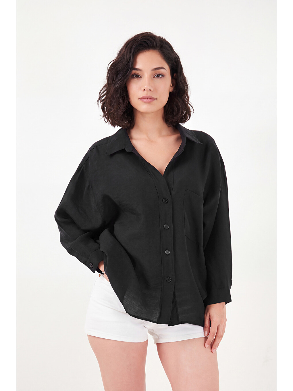 Siyah Modal Oversize Fit Uzun Kollu Kadın Gömlek 6834612-1