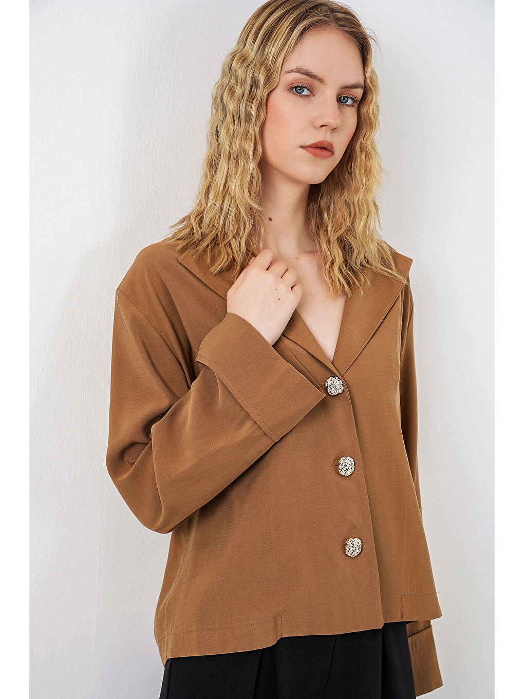 Sarı Kadın Kruvaze Yaka Oversize Ceket 0747 - Camel-3