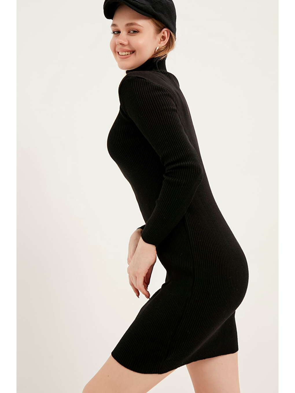 Kadın Siyah Balıkçı Yaka Triko Elbise-3