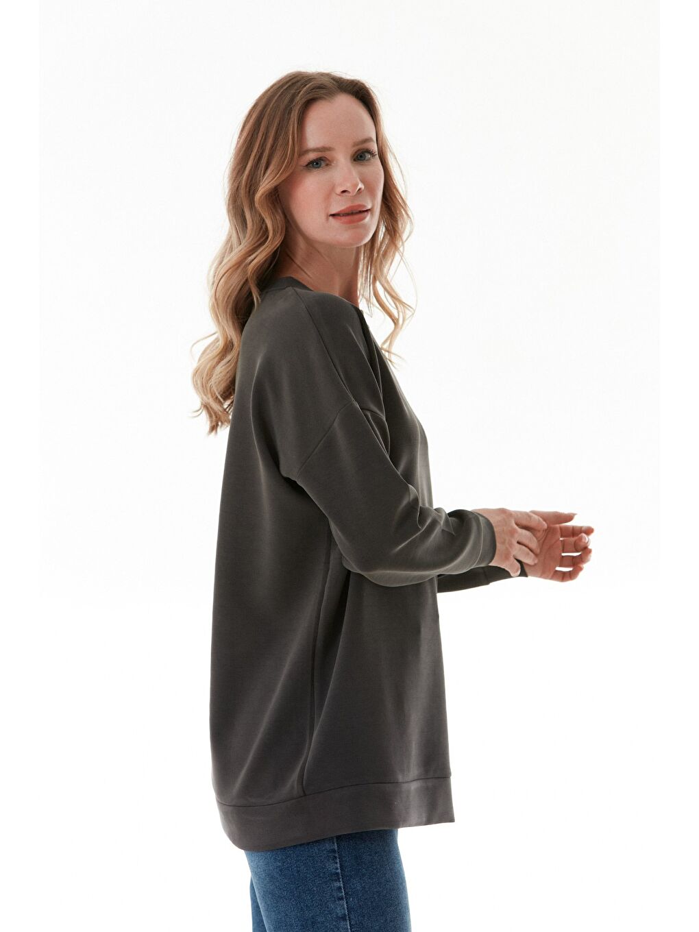 Gri Basic Bisiklet Yaka Modal Tunik-4