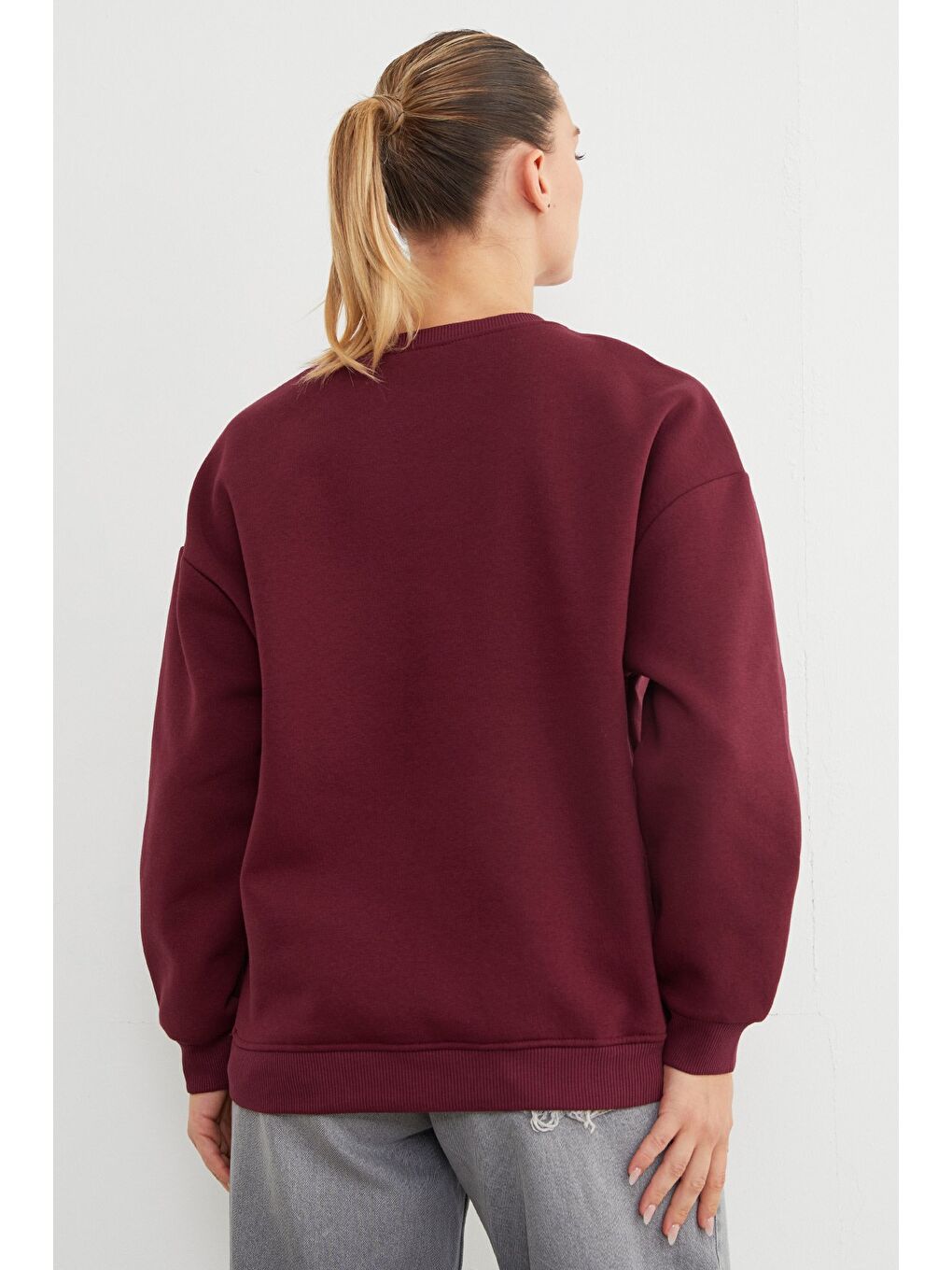 Bordo 3 İplik Taşlı Kalp Detaylı Oversize Sweatshirt-3