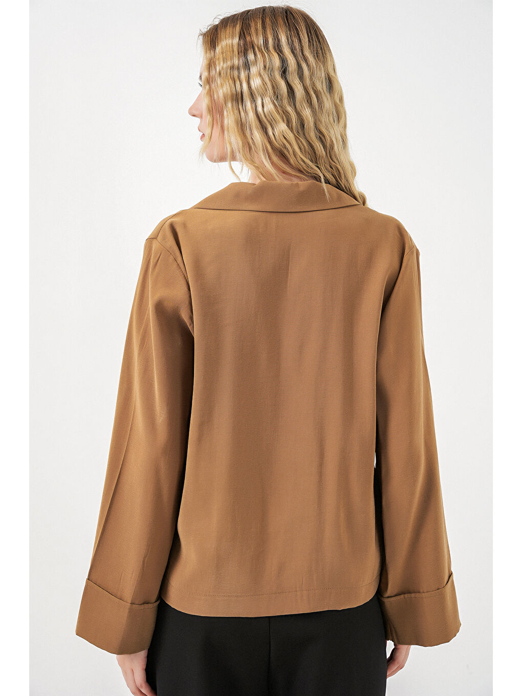 Sarı Kadın Kruvaze Yaka Oversize Ceket 0747 - Camel-5
