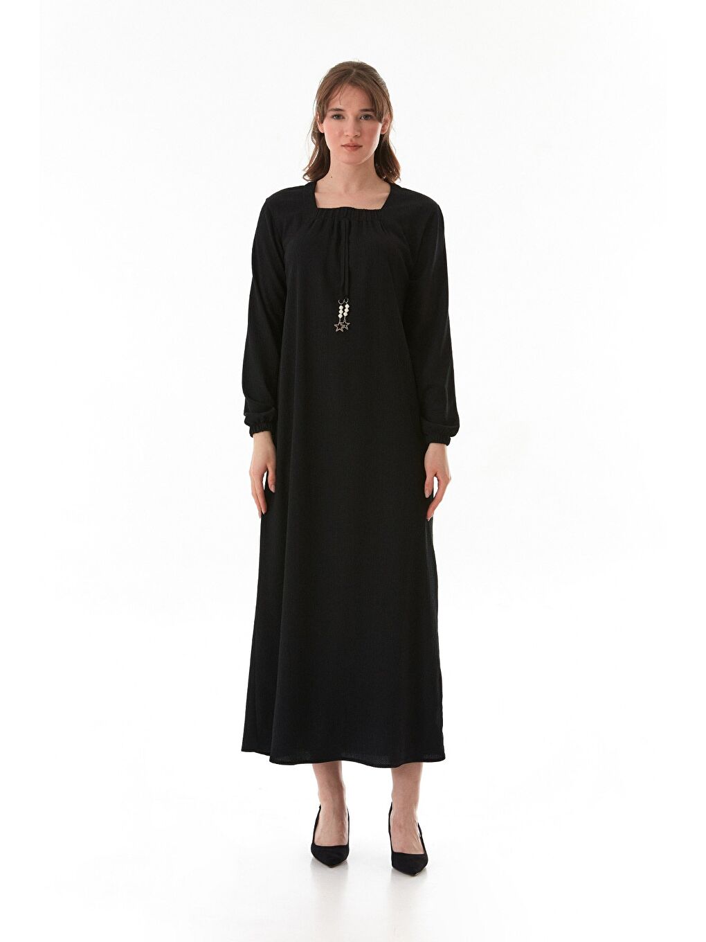 Siyah Fullamodest Aksesuarlı Bürümcük Kumaş Büyük Beden Elbise