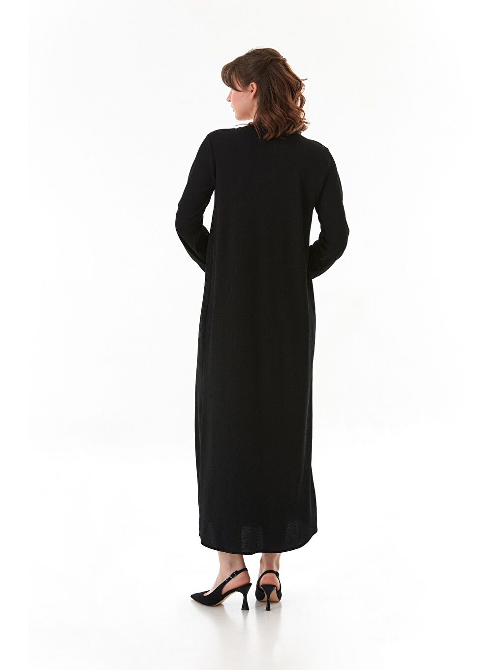 Siyah Fullamodest Aksesuarlı Bürümcük Kumaş Büyük Beden Elbise-3