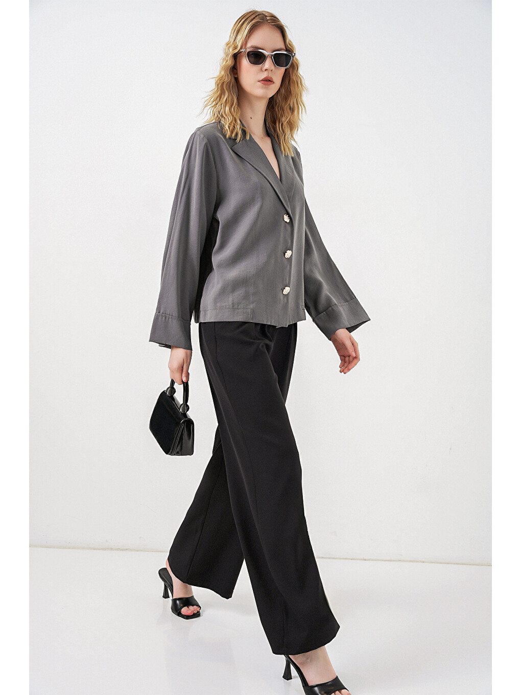 Kadın Kruvaze Yaka Oversize Ceket 0747 - Gri-1