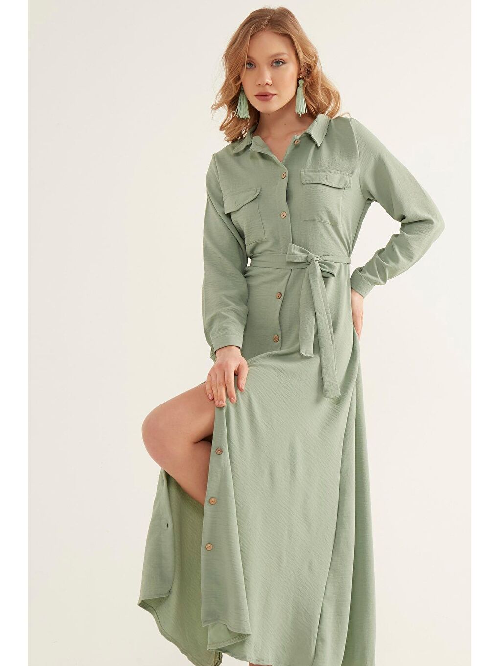 Kadın Yeşil Cepli Kemerli Airobin Elbise-1