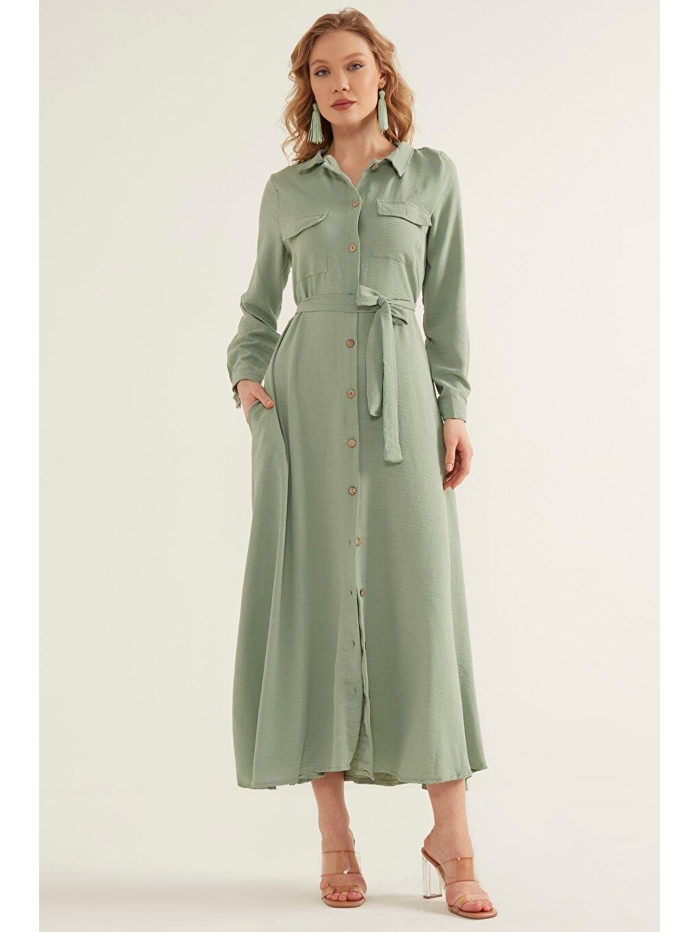 Kadın Yeşil Cepli Kemerli Airobin Elbise-2
