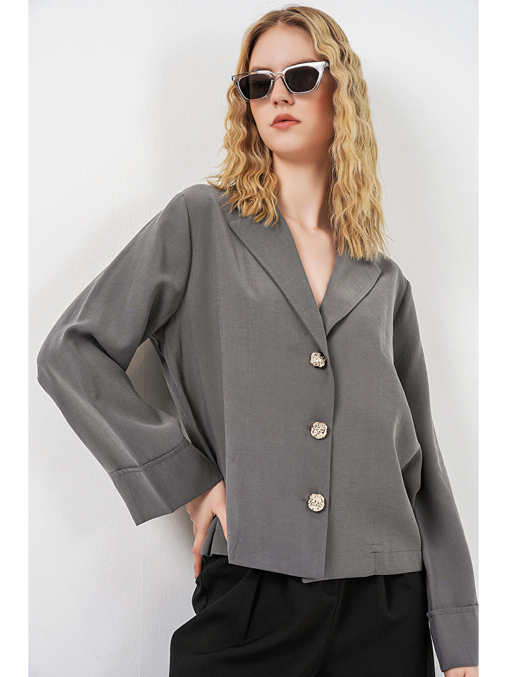 Kadın Kruvaze Yaka Oversize Ceket 0747 - Gri-2