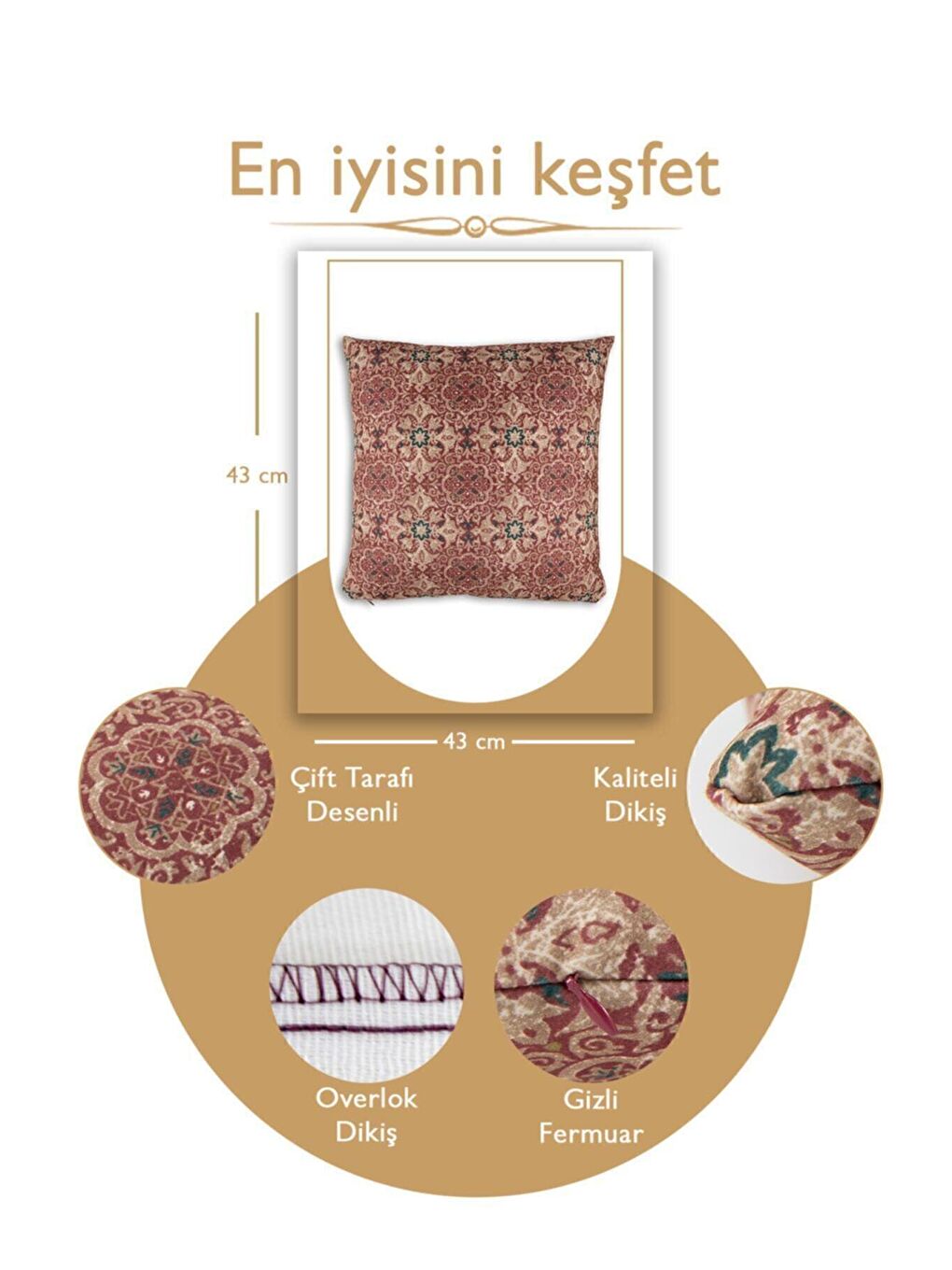 ÖZENEV Bordo Desenli Kırlent Kılıfı Dekoratif Etnik Ikat Damask Inta-492 - 3