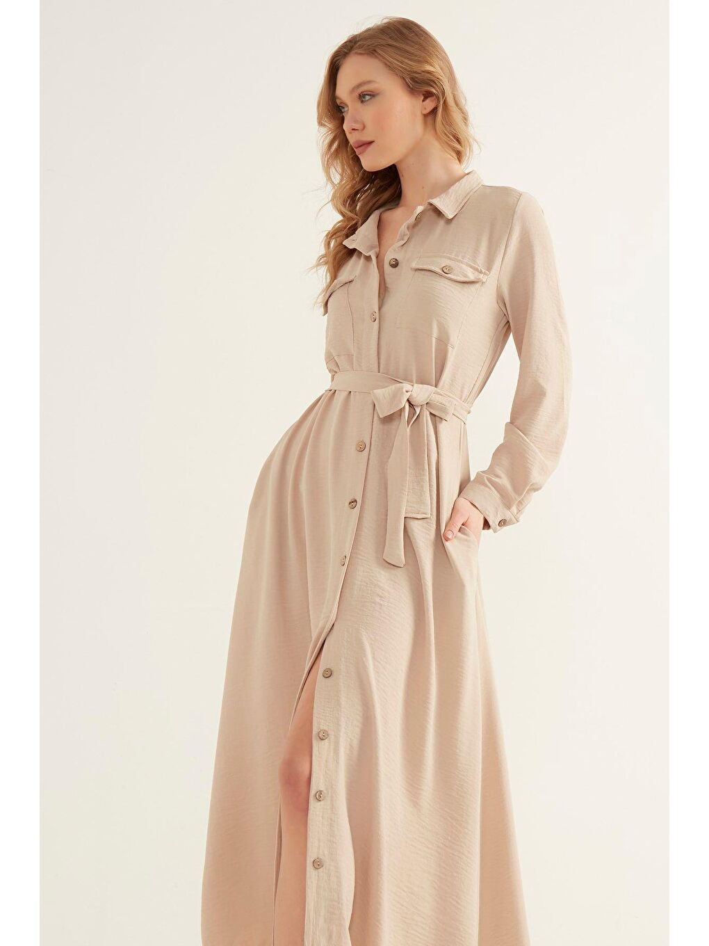 Kadın Bej Cepli Kemerli Airobin Elbise-1