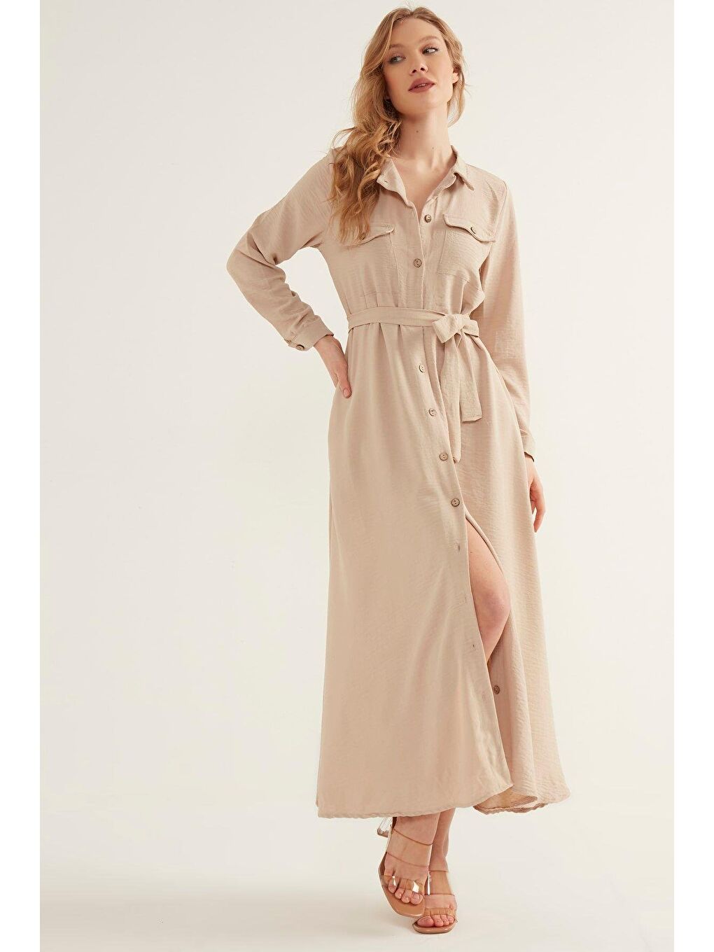 Kadın Bej Cepli Kemerli Airobin Elbise-2