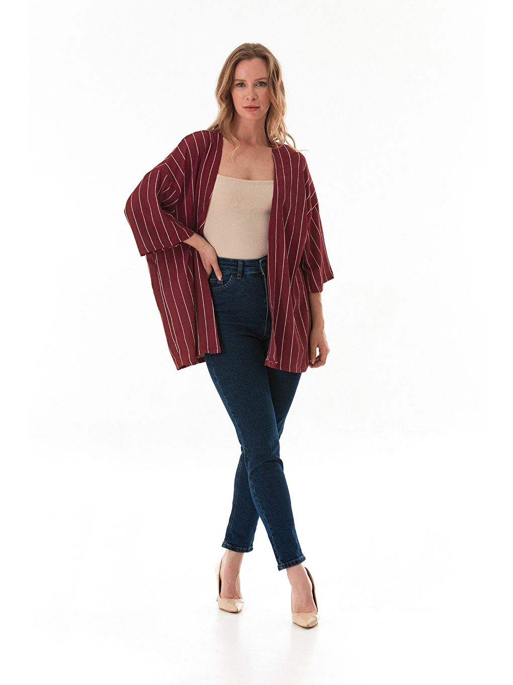 Bordo Çizgili Bürümcük Kumaş Kimono-1