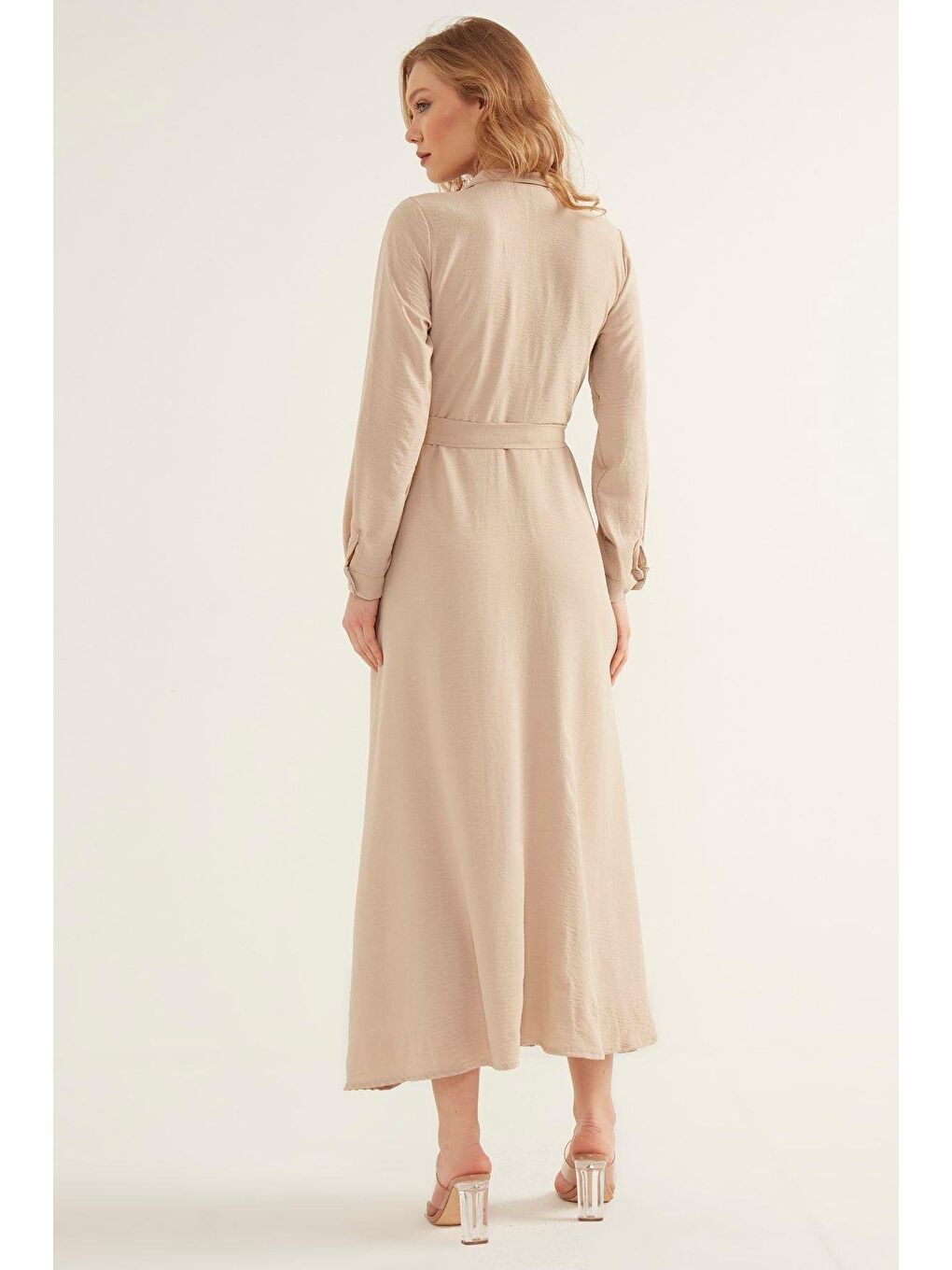 Kadın Bej Cepli Kemerli Airobin Elbise-3