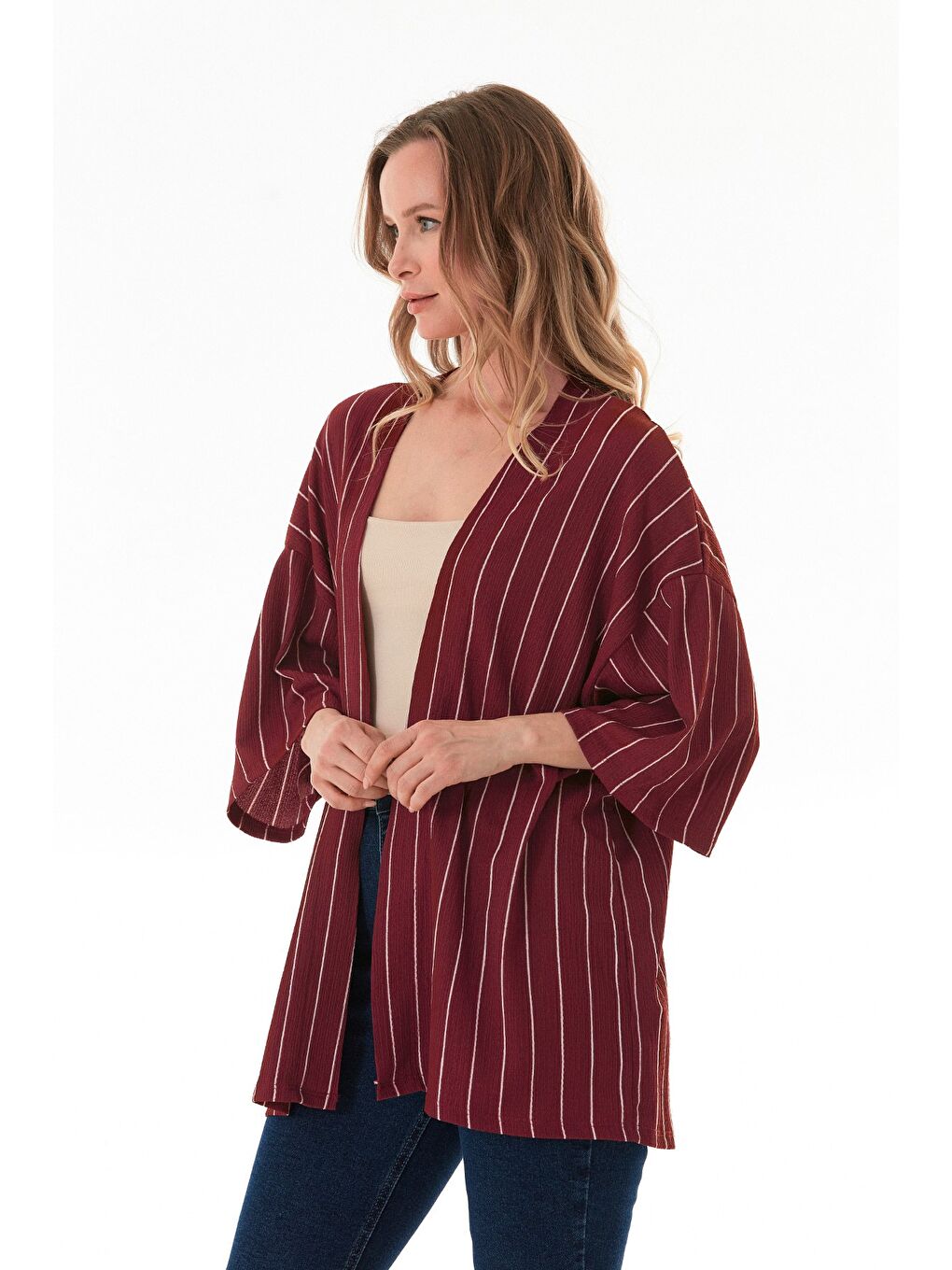Bordo Çizgili Bürümcük Kumaş Kimono-2