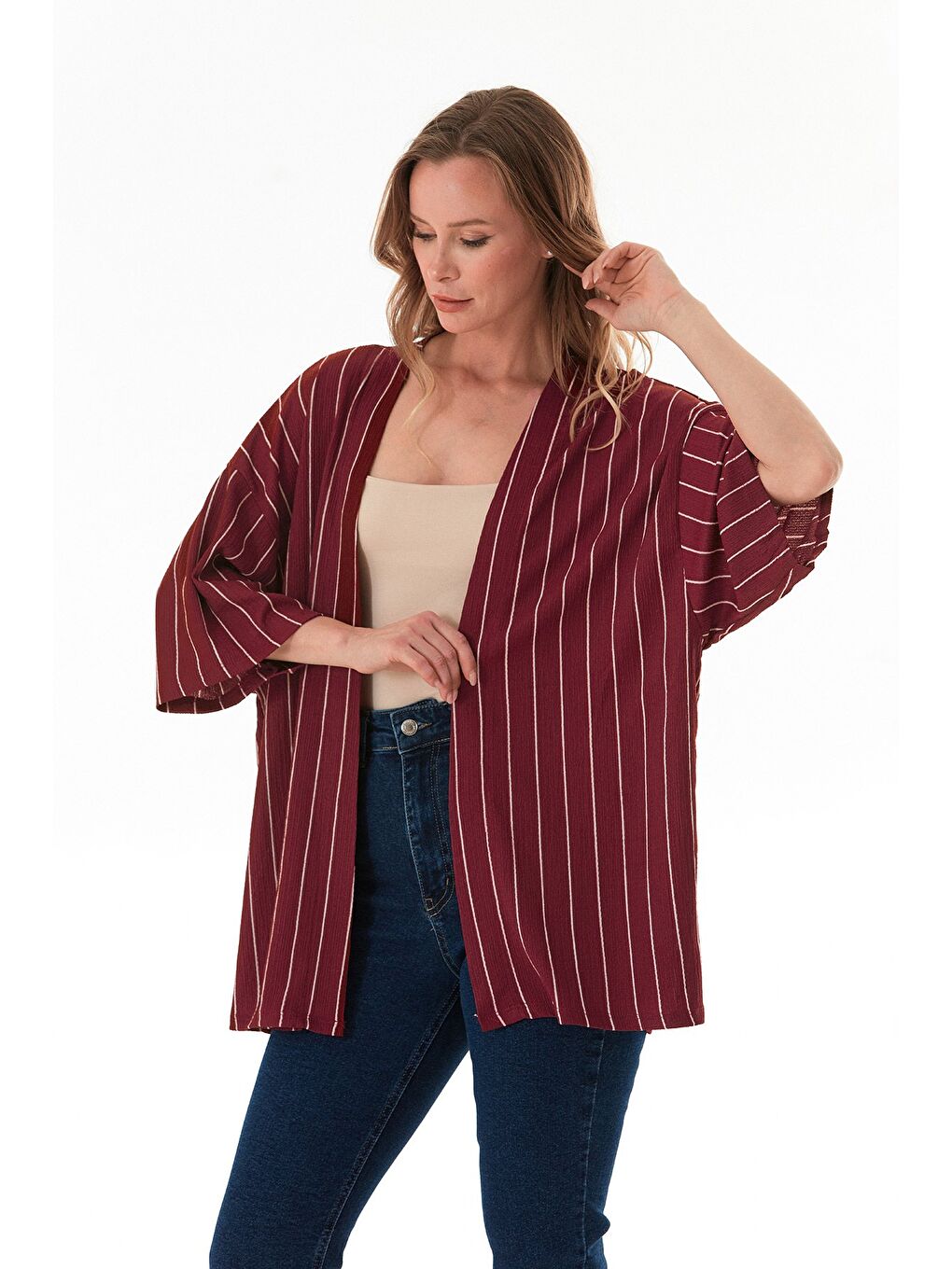 Bordo Çizgili Bürümcük Kumaş Kimono-3