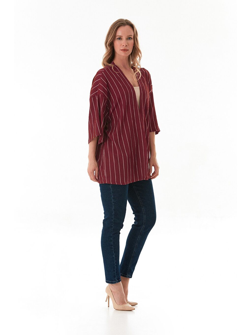 Bordo Çizgili Bürümcük Kumaş Kimono-4