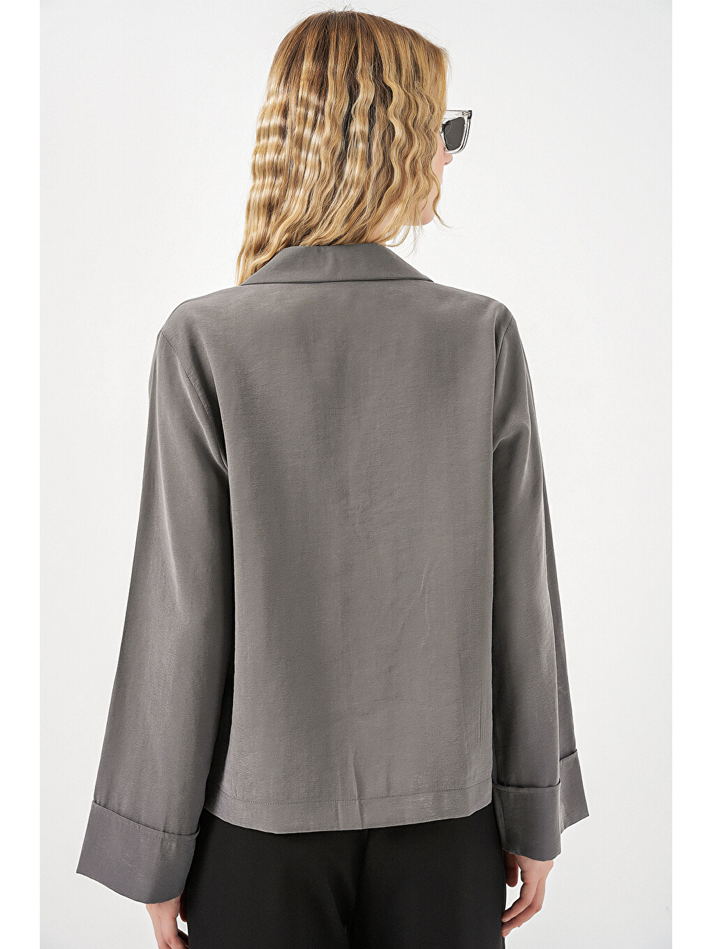 Kadın Kruvaze Yaka Oversize Ceket 0747 - Gri-4
