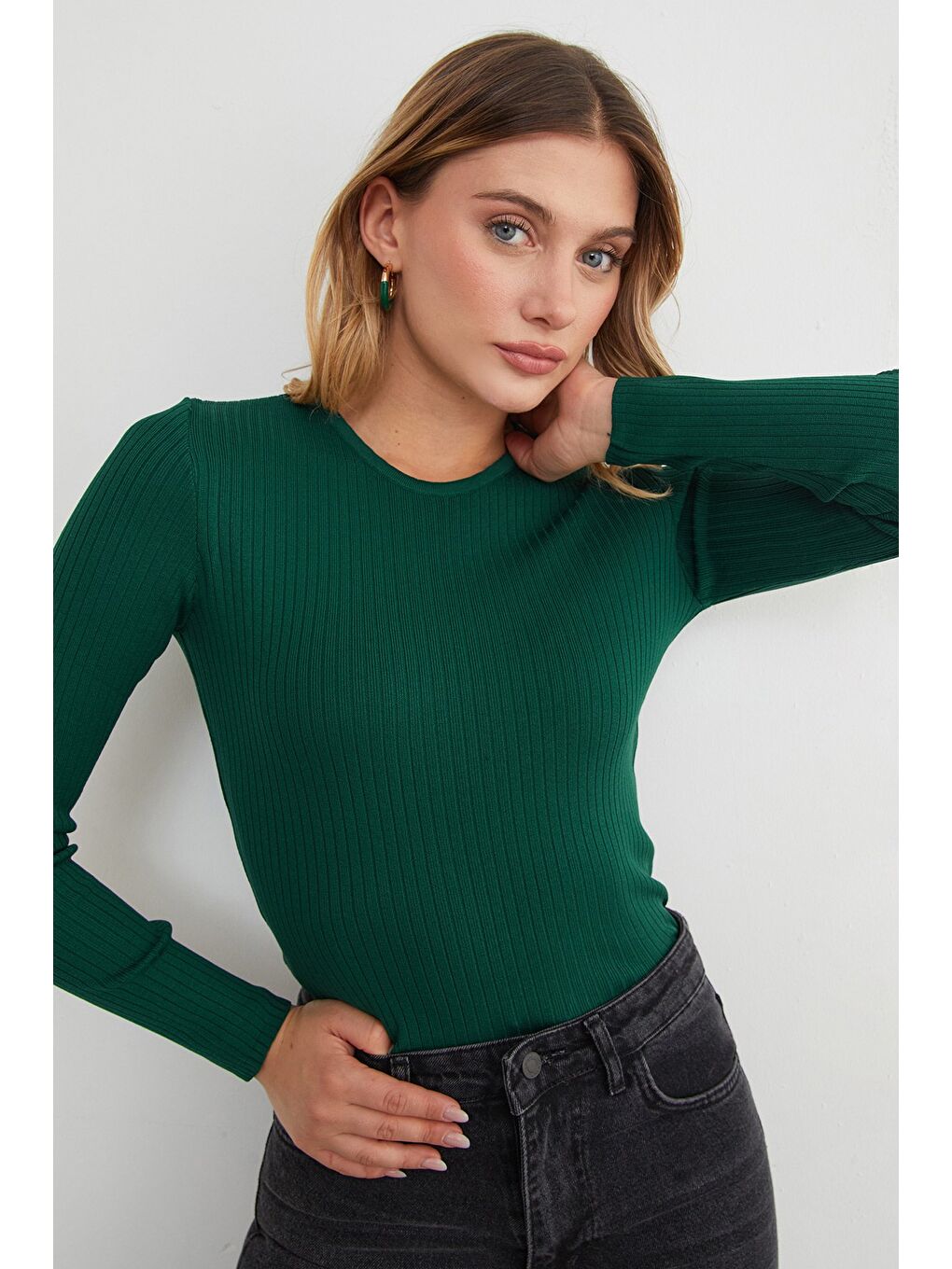 Yeşil Fitilli Bisiklet Yaka İnce Triko Kazak