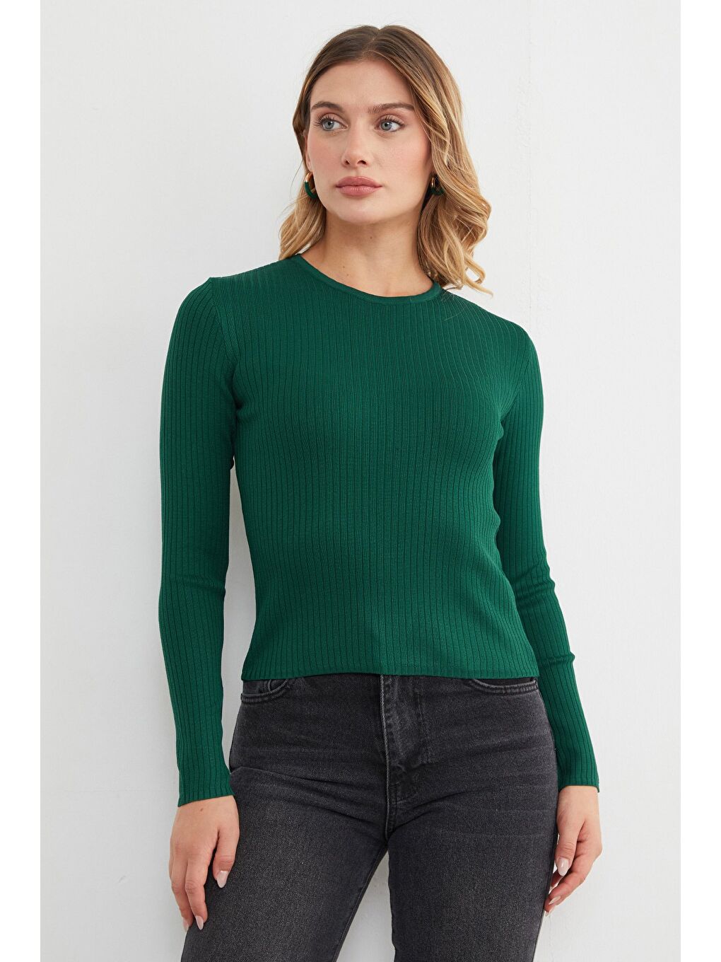 Yeşil Fitilli Bisiklet Yaka İnce Triko Kazak-1