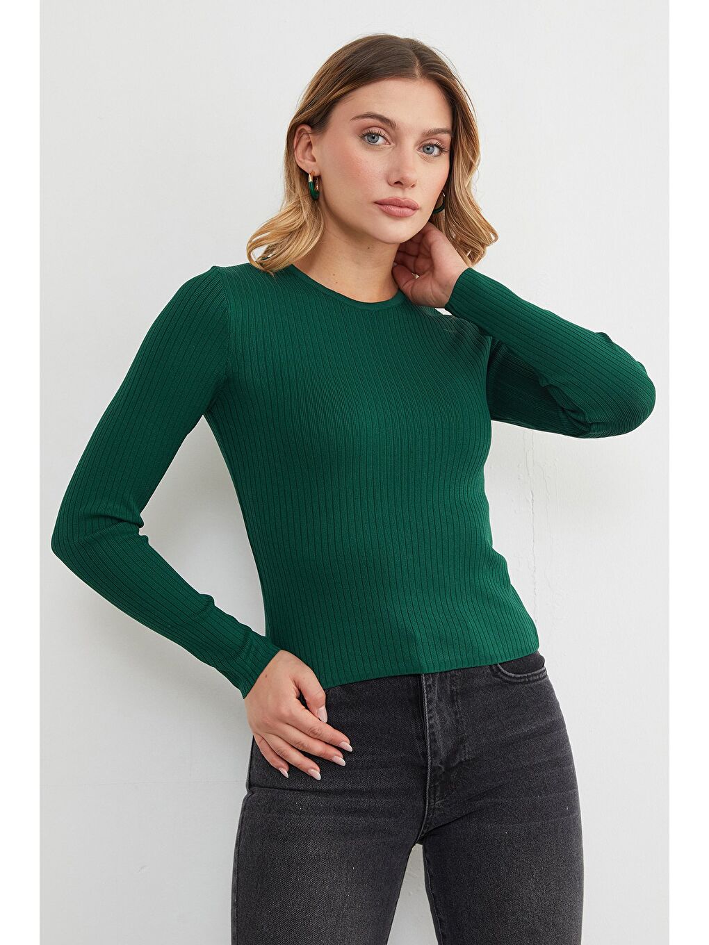 Yeşil Fitilli Bisiklet Yaka İnce Triko Kazak-2