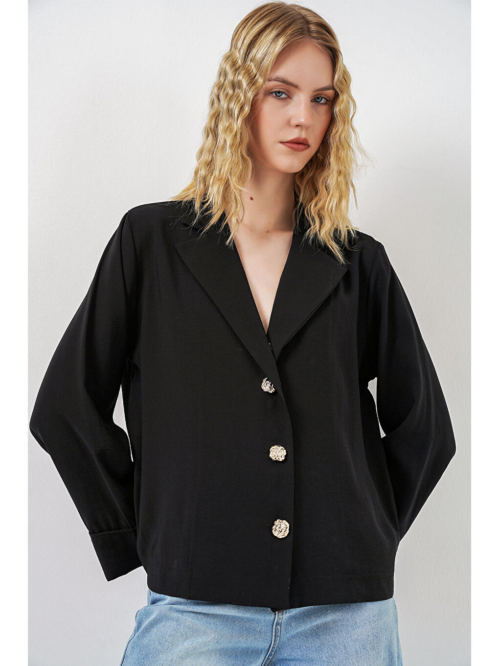Kadın Kruvaze Yaka Oversize Ceket 0747 - Siyah