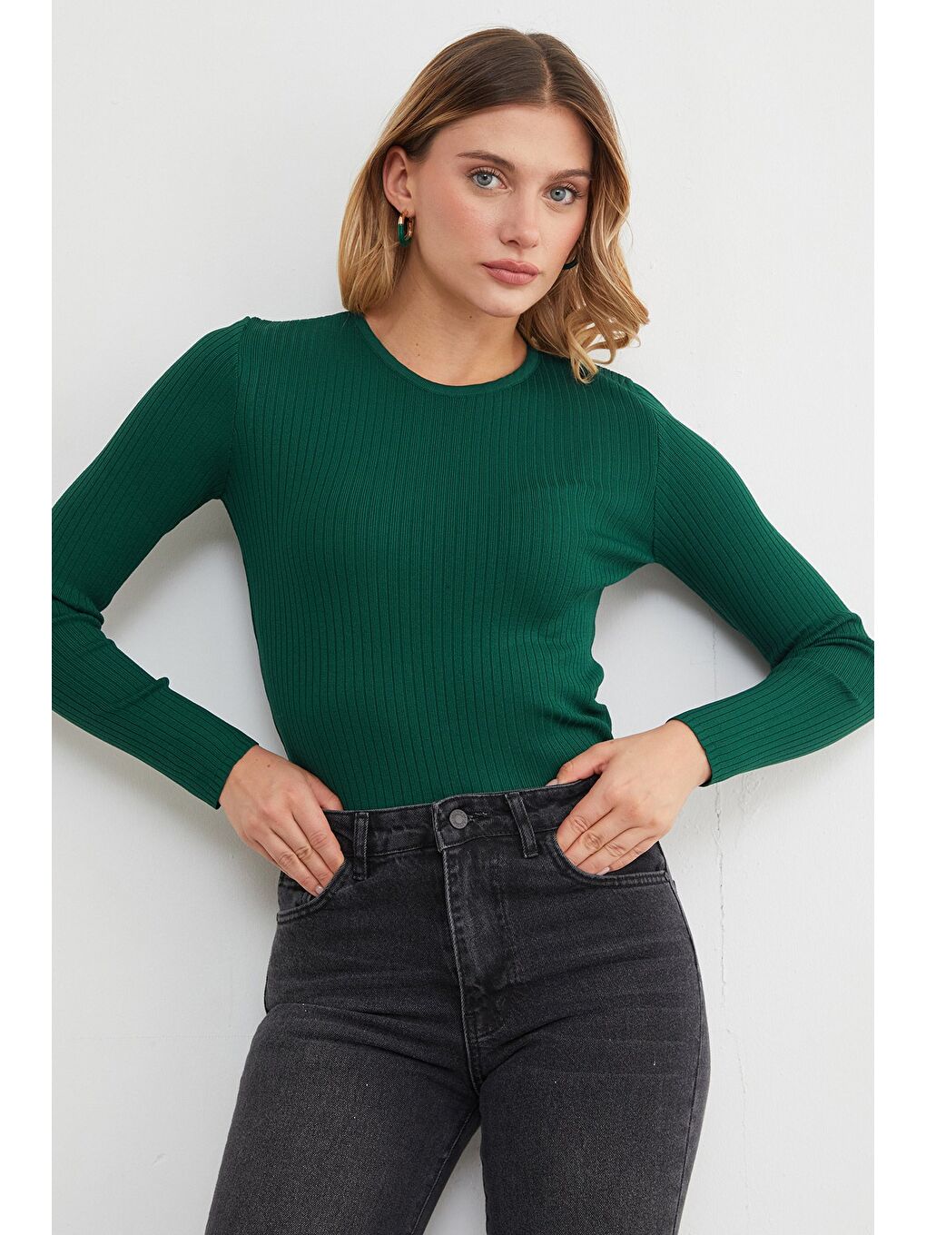 Yeşil Fitilli Bisiklet Yaka İnce Triko Kazak-4