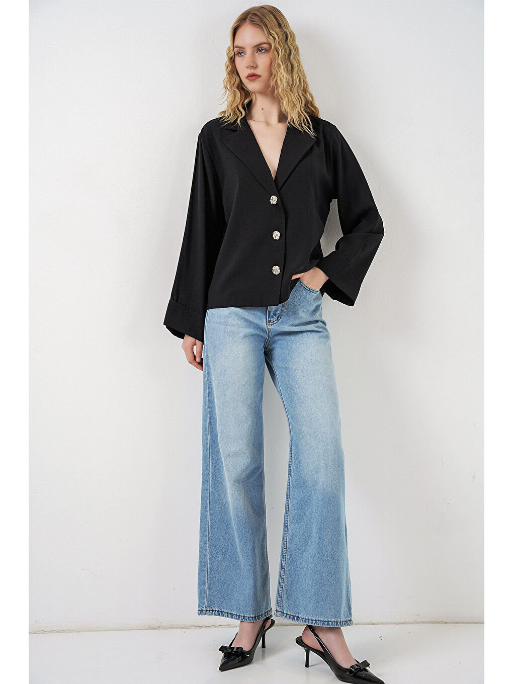 Kadın Kruvaze Yaka Oversize Ceket 0747 - Siyah-1