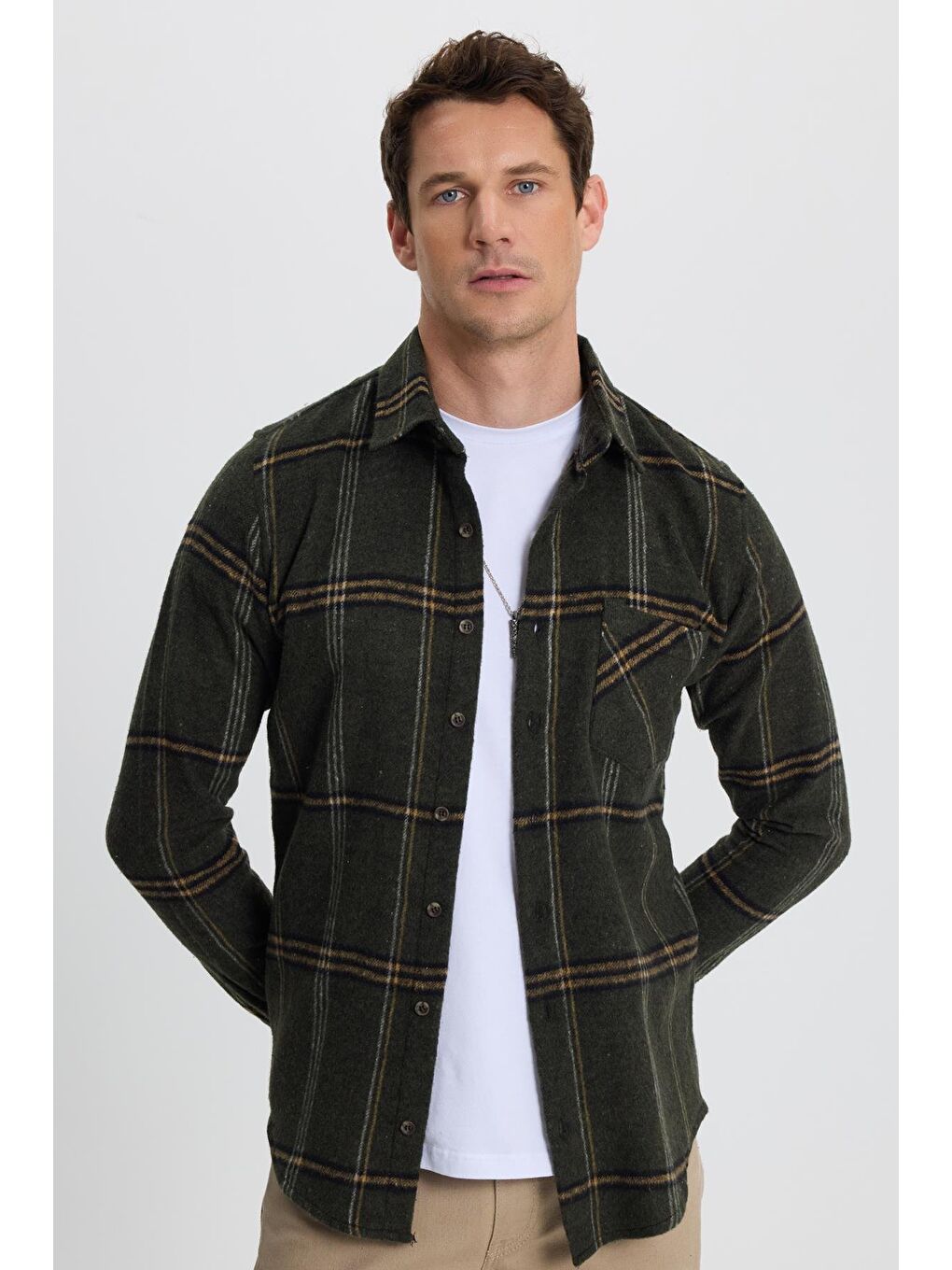 Karışık Erkek Slim Fit Dar Kesim Kareli Cepli Haki Oduncu Gömlek