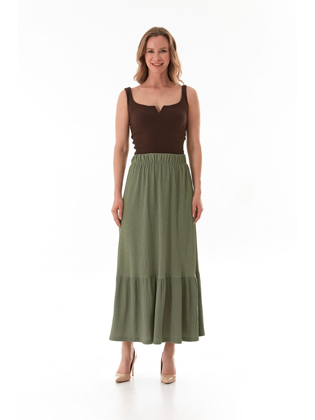 Yeşil Bürümcük Kumaş Beli Lastikli Etek-1