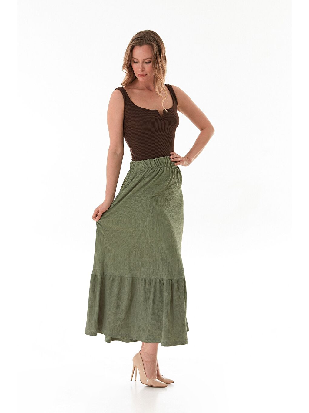 Yeşil Bürümcük Kumaş Beli Lastikli Etek-2