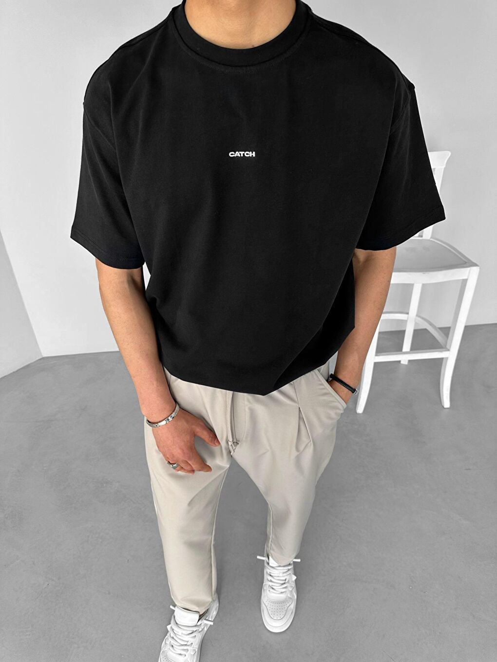 Erkek Oversize Neon Kabartma Baskı Dokulu Tişört Siyah