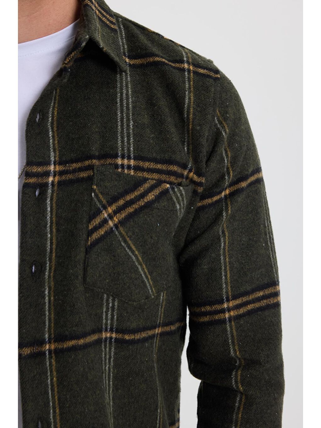 Karışık Erkek Slim Fit Dar Kesim Kareli Cepli Haki Oduncu Gömlek-2