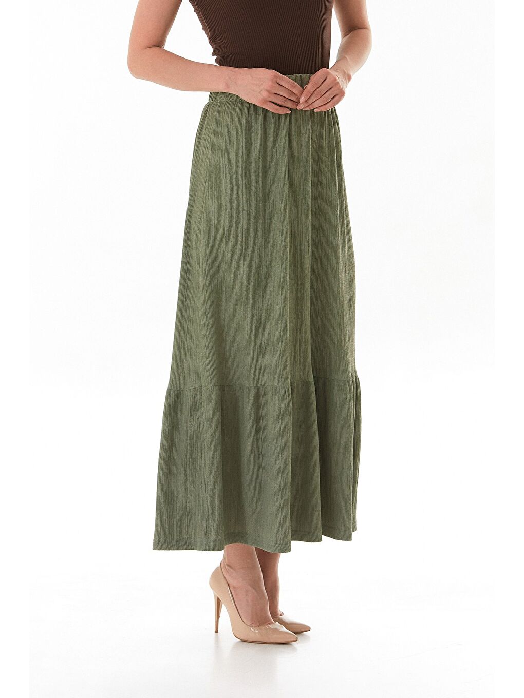 Yeşil Bürümcük Kumaş Beli Lastikli Etek-3