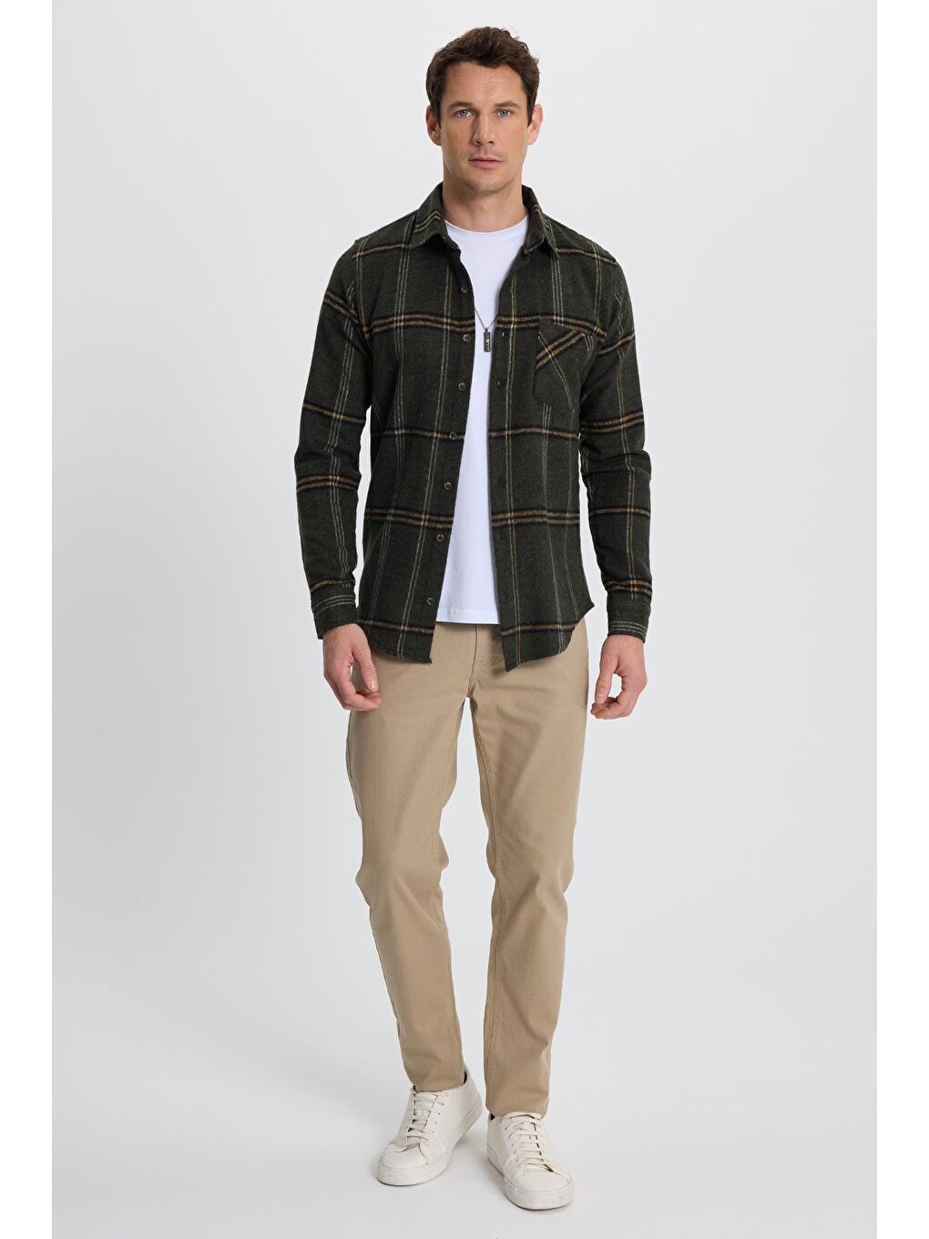 Karışık Erkek Slim Fit Dar Kesim Kareli Cepli Haki Oduncu Gömlek-3