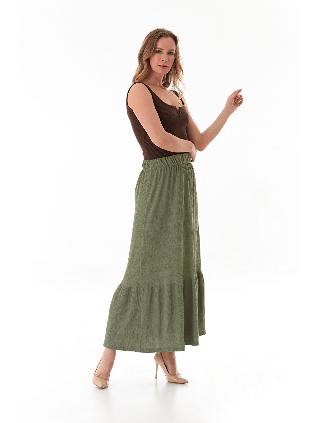 Yeşil Bürümcük Kumaş Beli Lastikli Etek-4