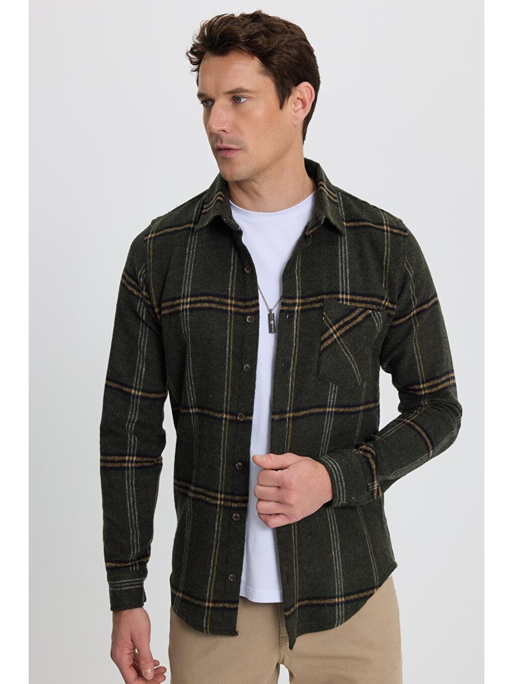 Karışık Erkek Slim Fit Dar Kesim Kareli Cepli Haki Oduncu Gömlek-4