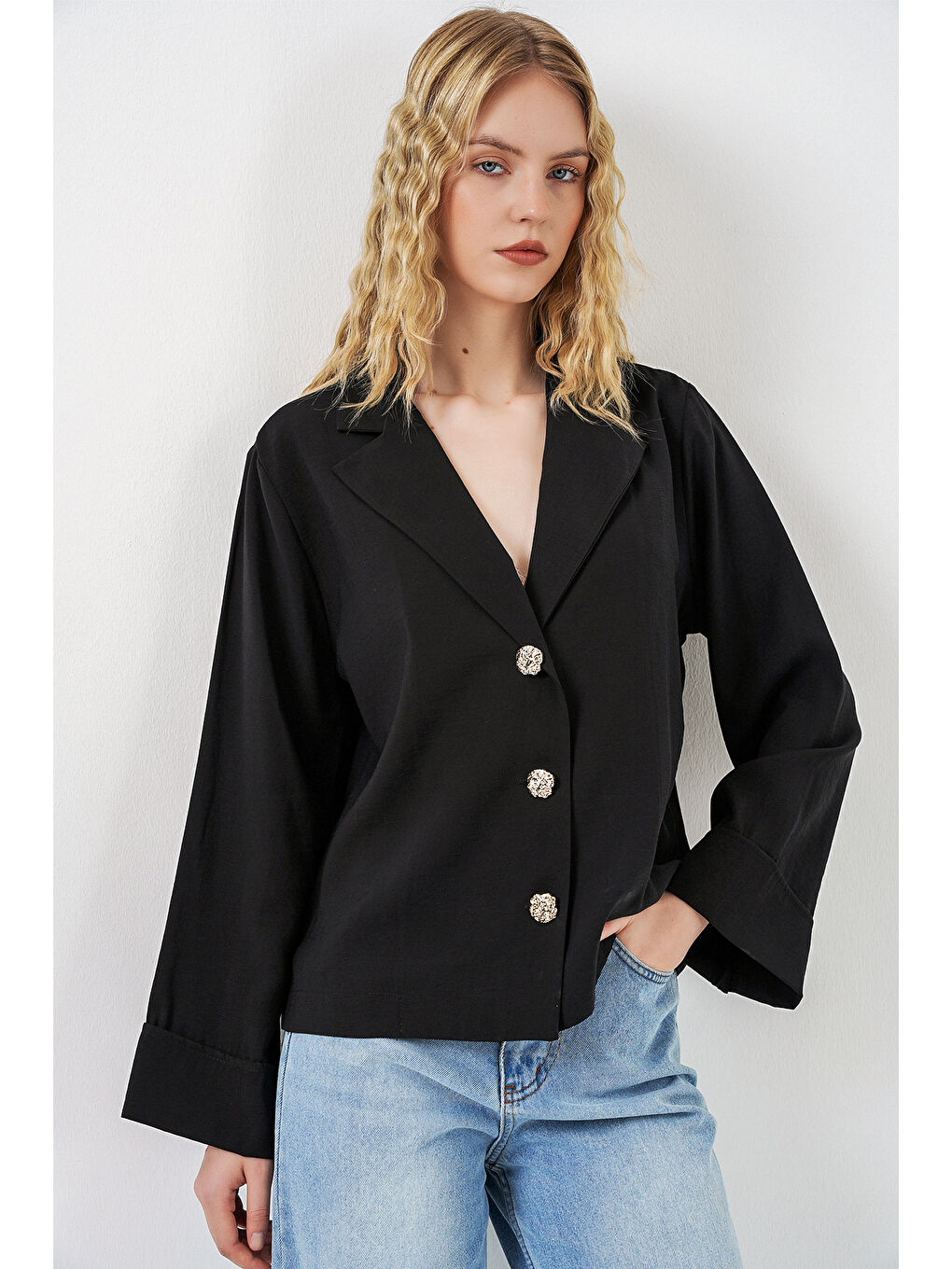 Kadın Kruvaze Yaka Oversize Ceket 0747 - Siyah-2