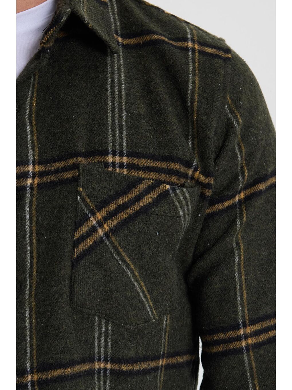 Karışık Erkek Slim Fit Dar Kesim Kareli Cepli Haki Oduncu Gömlek-5