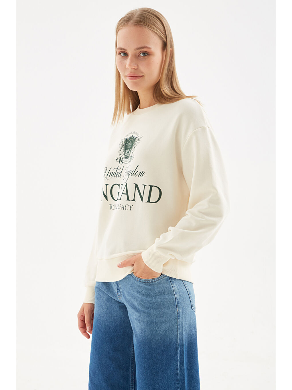 Fashion Friends Ekru Pamuk Karışımlı Oversize Bisiklet Yaka Baskılı Kadın Sweat 24K0142K1 - 1