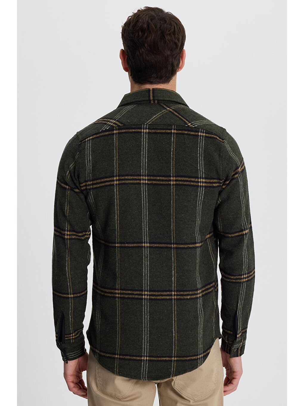 Karışık Erkek Slim Fit Dar Kesim Kareli Cepli Haki Oduncu Gömlek-6